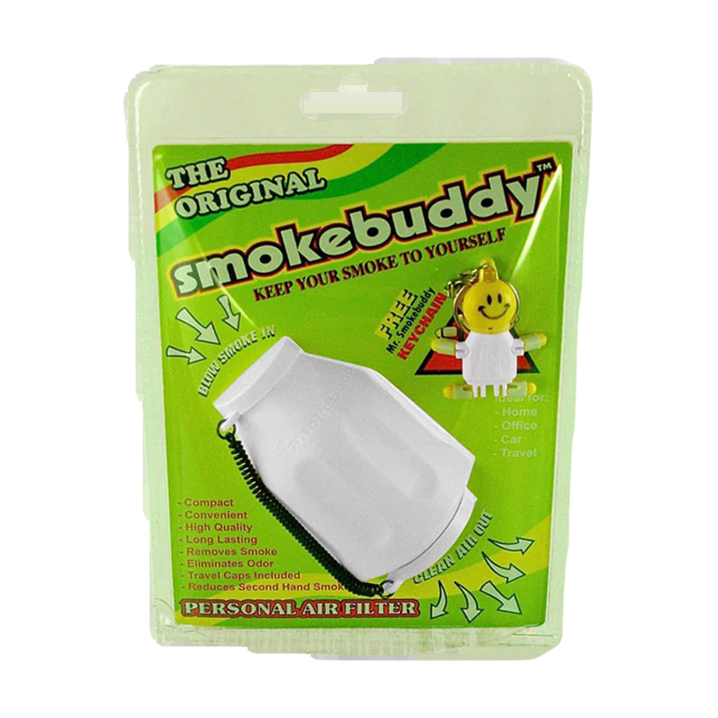 Smokebuddy Original Personal Air Filter in packaging, portable smoke eliminator, white variant