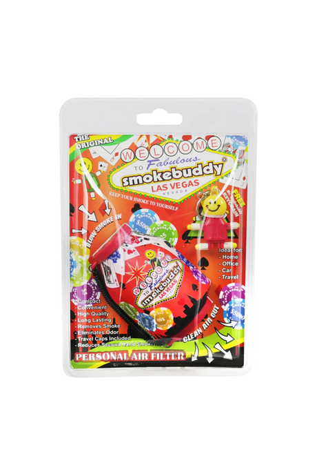 Smokebuddy Original Personal Air Filter in packaging with Las Vegas theme, compact and odor eliminating