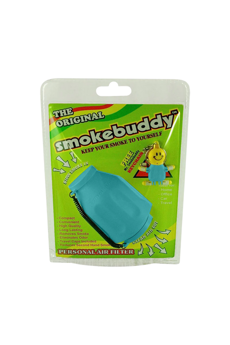 Smokebuddy Original Personal Air Filter in Blue, Front View on Packaging