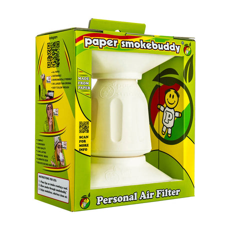Smokebuddy Paper Personal Air Filter in white, front view, compact and portable design, in packaging