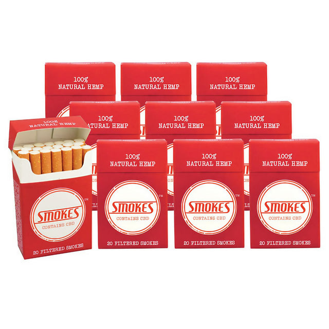 Smokes Hemp Cigarettes 10-Pack, Organic CBD-rich Smokable Flower, Portable Red Boxes