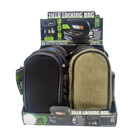 Smokezilla 6pc Locking Padded Bag Display in Assorted Colors, Front View, Compact Travel Size