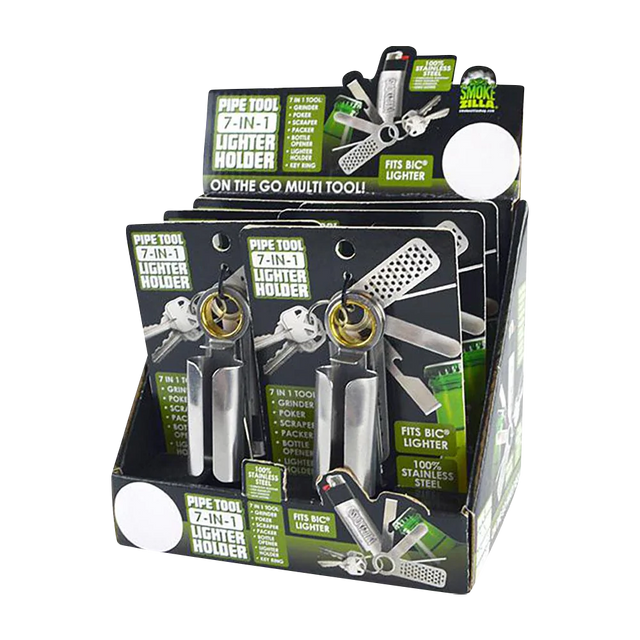 Smokezilla 7-in-1 lighter holder & multi-tool in silver, front view, compact design, 6 pack set