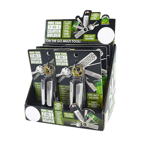 Smokezilla 7-in-1 lighter holder & multi-tool in silver, front view, compact design, 6 pack set