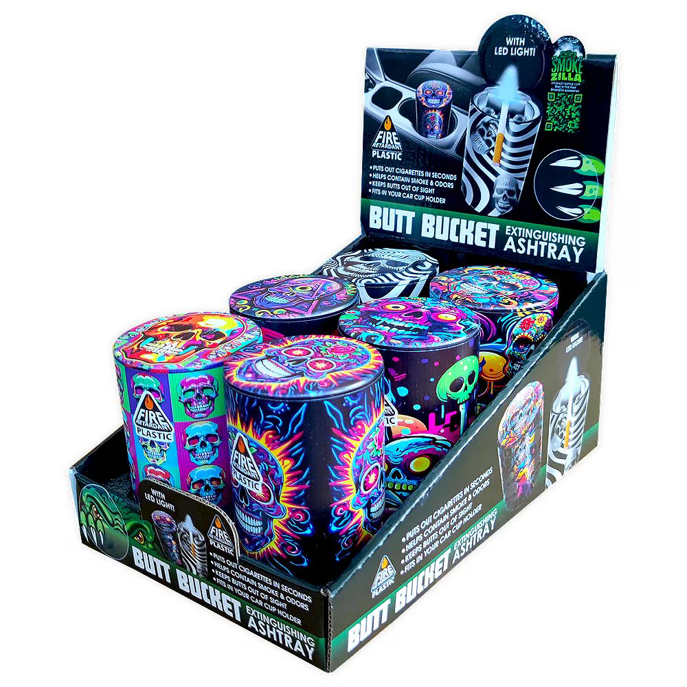 Smokezilla Blacklight Skull Print Butt Bucket Extinguishing Ashtray | 4" | Assorted Designs | 6ct Display