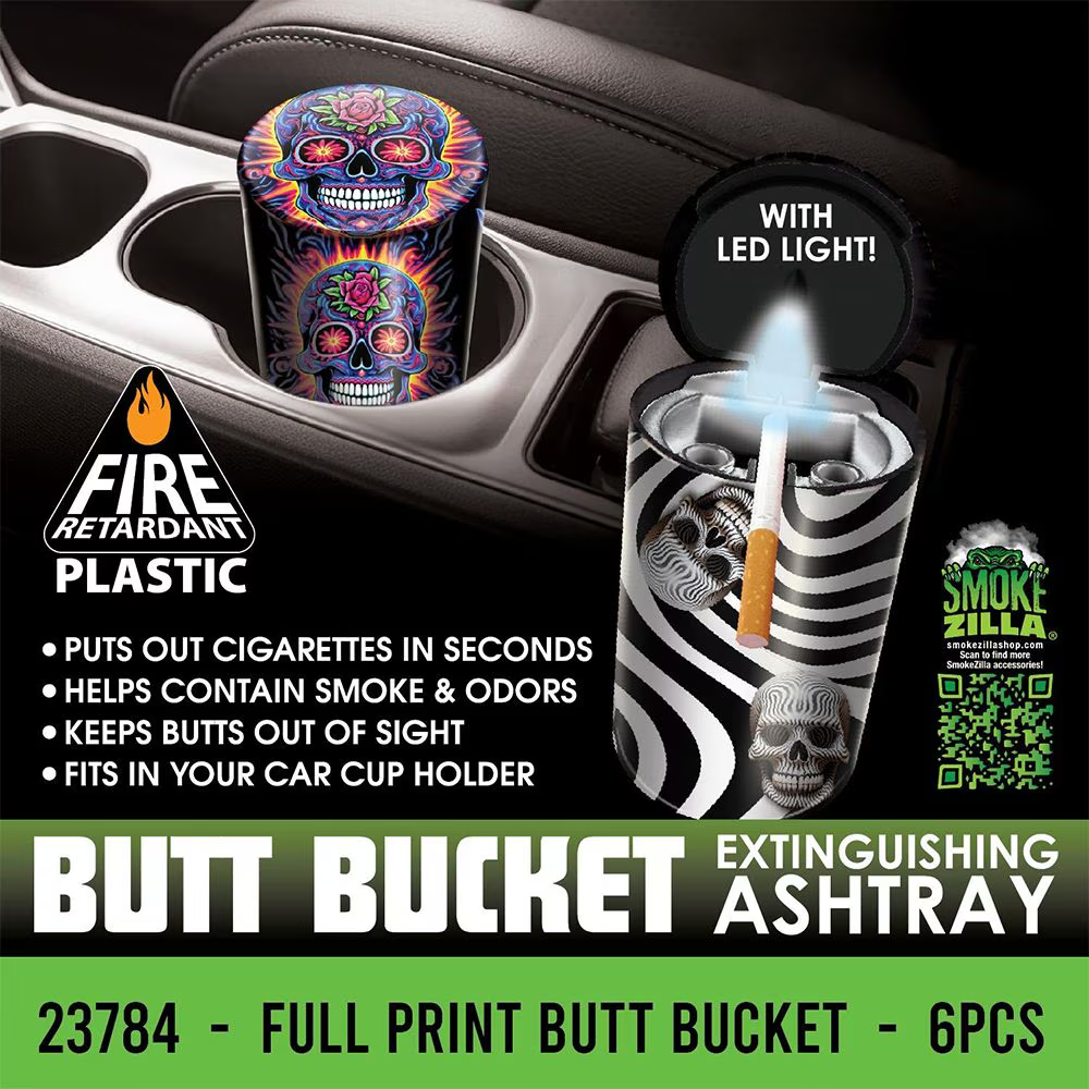 Smokezilla Blacklight Skull Print Butt Bucket Extinguishing Ashtray | 4" | Assorted Designs | 6ct Display