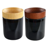 Smokezilla black glass jars with concave wood lids in a 6 pack, ideal for dry herbs storage