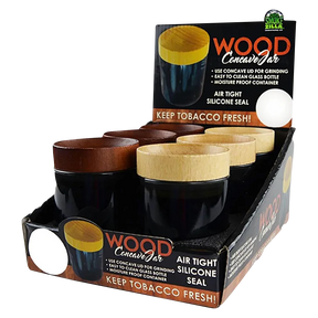 Smokezilla black glass jars with concave wood lids, 6 pack, airtight seal, angled view