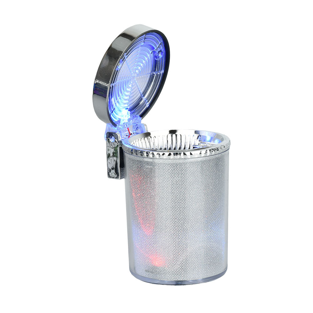 Smokezilla Light Show Butt Bucket, 5" Silver Ashtray with Blue LED Light, Closable Lid, Portable