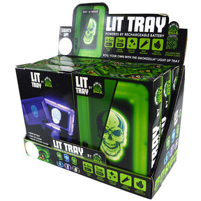 Smokezilla Lit Rolling Tray 6 Pack display box with assorted colors and LED feature