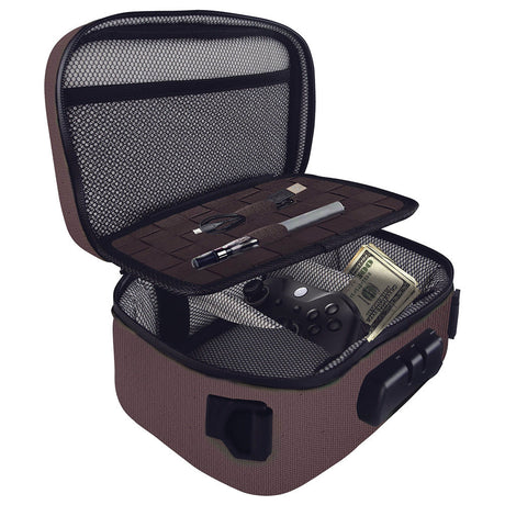 Smokezilla Locking Storage Bag open view showing compartments for dry herbs, pipes, and vaporizers.