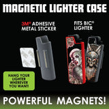 Smokezilla Magnetic Lighter Cases display with various designs, secure fit for BIC lighters, with adhesive metal sticker