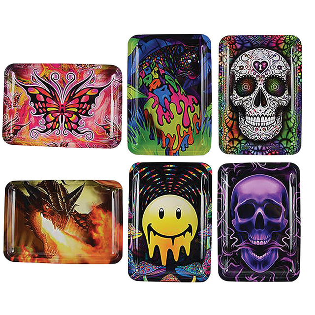 Assorted Smokezilla Metal Rolling Trays 6 Pack with Novelty Designs, Compact 5" x 7" Size
