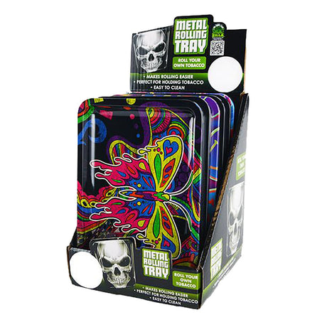 Smokezilla Metal Rolling Tray with psychedelic design, compact 5" x 7" size, front view 6 pack