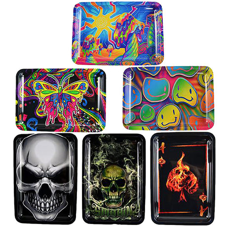 Assorted Smokezilla Metal Rolling Trays with Novelty Designs, 5" x 7" Size - 6 Pack