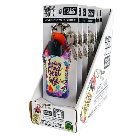Assorted Smokezilla Neoprene Keychain Lighter Cases on display stand, compact and portable design