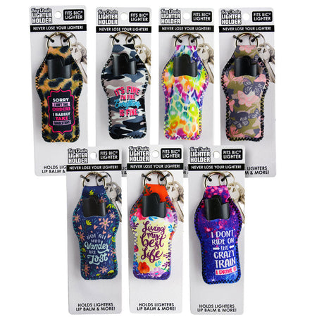 Assorted Smokezilla Neoprene Keychain Lighter Cases on white background