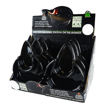 Smokezilla Ceramic Ashtray with Pipe Holder, 6pc Display, Black, Front View