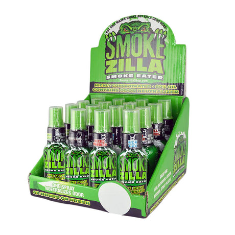 Smokezilla Smoke Eater Spray 30ml in assorted fragrances on display stand, front view