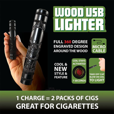 Smokezilla Engraved Wood USB Rechargeable Coil Lighter | 170mAh | 4" | Assorted Designs | 6ct Display