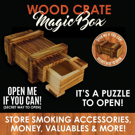 Smokezilla Wooden Crate Puzzle Box open and closed, compact design for storing valuables