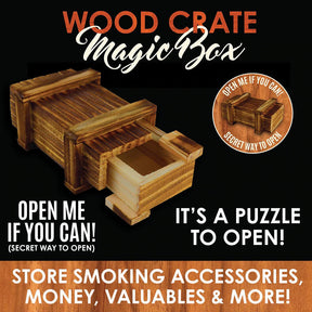 Smokezilla Wooden Crate Puzzle Box open and closed, compact design for storing valuables
