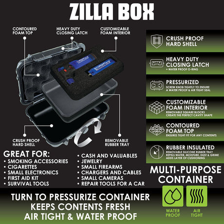 Smokezilla Zilla Airtight Storage Box in black, front view, showcasing its features and compact design
