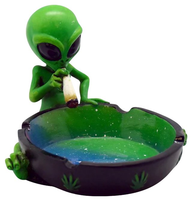 Polyresin Smoking Alien Ashtray, Front View, 4.5" x 3.5" with Cannabis Leaf Detail