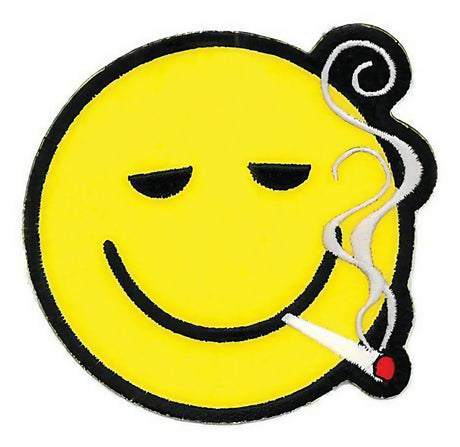 3.5" Smoking Smiley Face Patch with vibrant yellow color and adhesive back