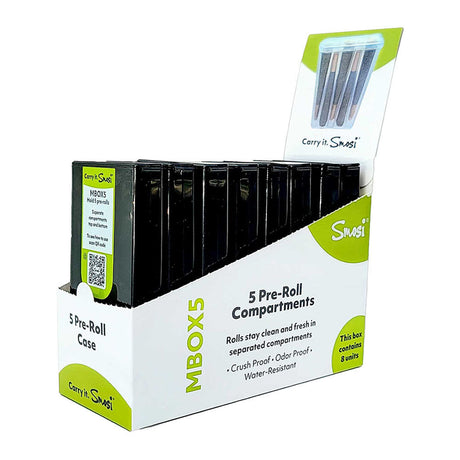 Smosi MBox5 Pre-Roll Case display with 8 black, portable, smell-proof cases for dry herbs