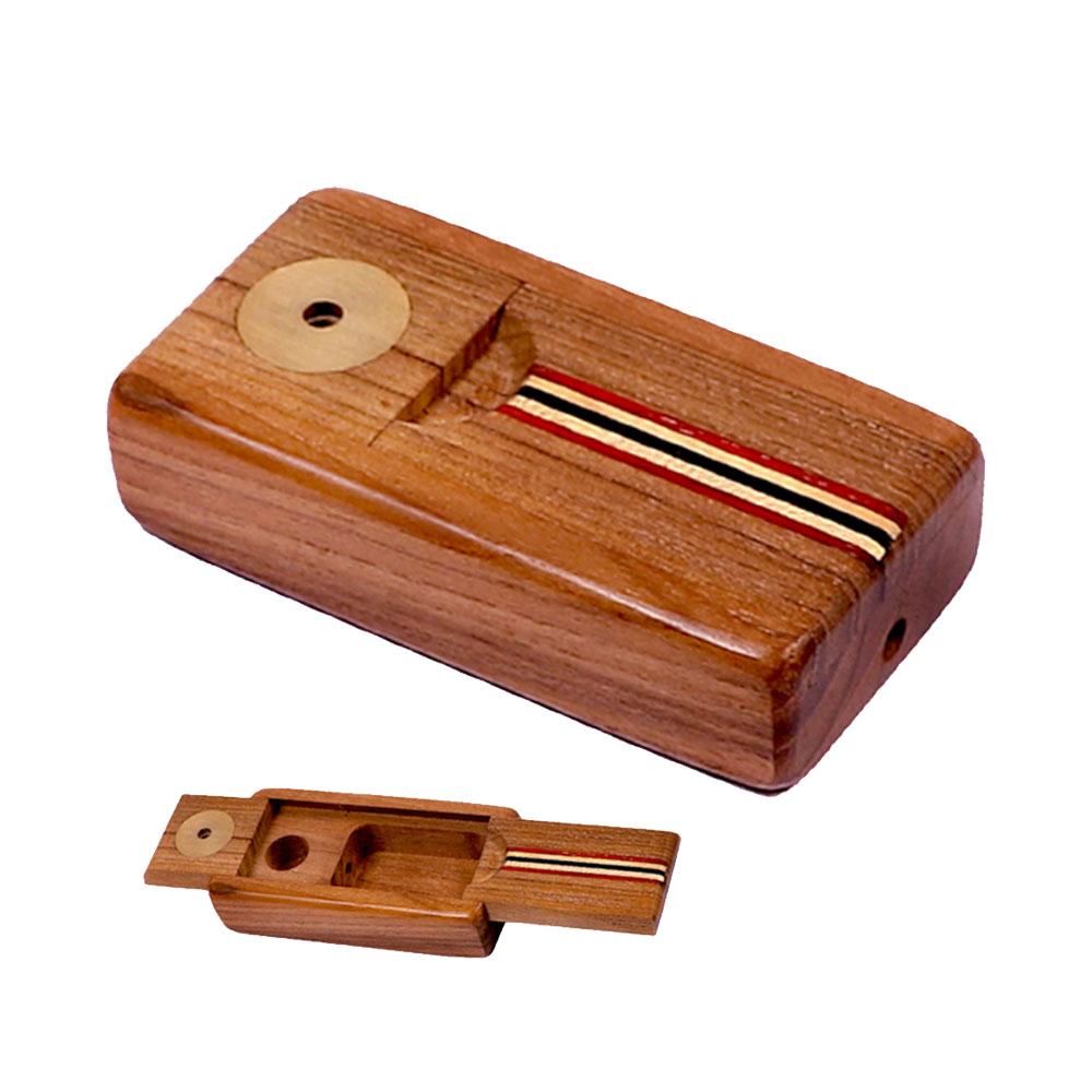 Sneaky Tokes Stash 'N Go wooden smoking pipe with striped design, closed and open views