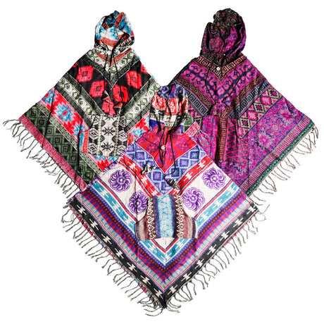 Colorful Snuggly Viscose Hooded Ponchos - 37" Length - Laid Flat View