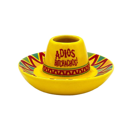 Sombrero Ceramic Shot Glass - 2oz with 'Adios Bitchachos' text, front view on white background