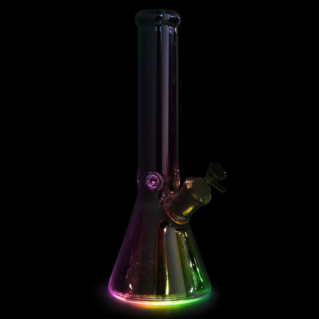 Space Party Beaker Water Pipe with LED Light, 14" tall, 14mm female joint, black borosilicate glass, front view