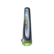 Space Time Rift Chillum hand pipe with swirling design in borosilicate glass, front view on white background