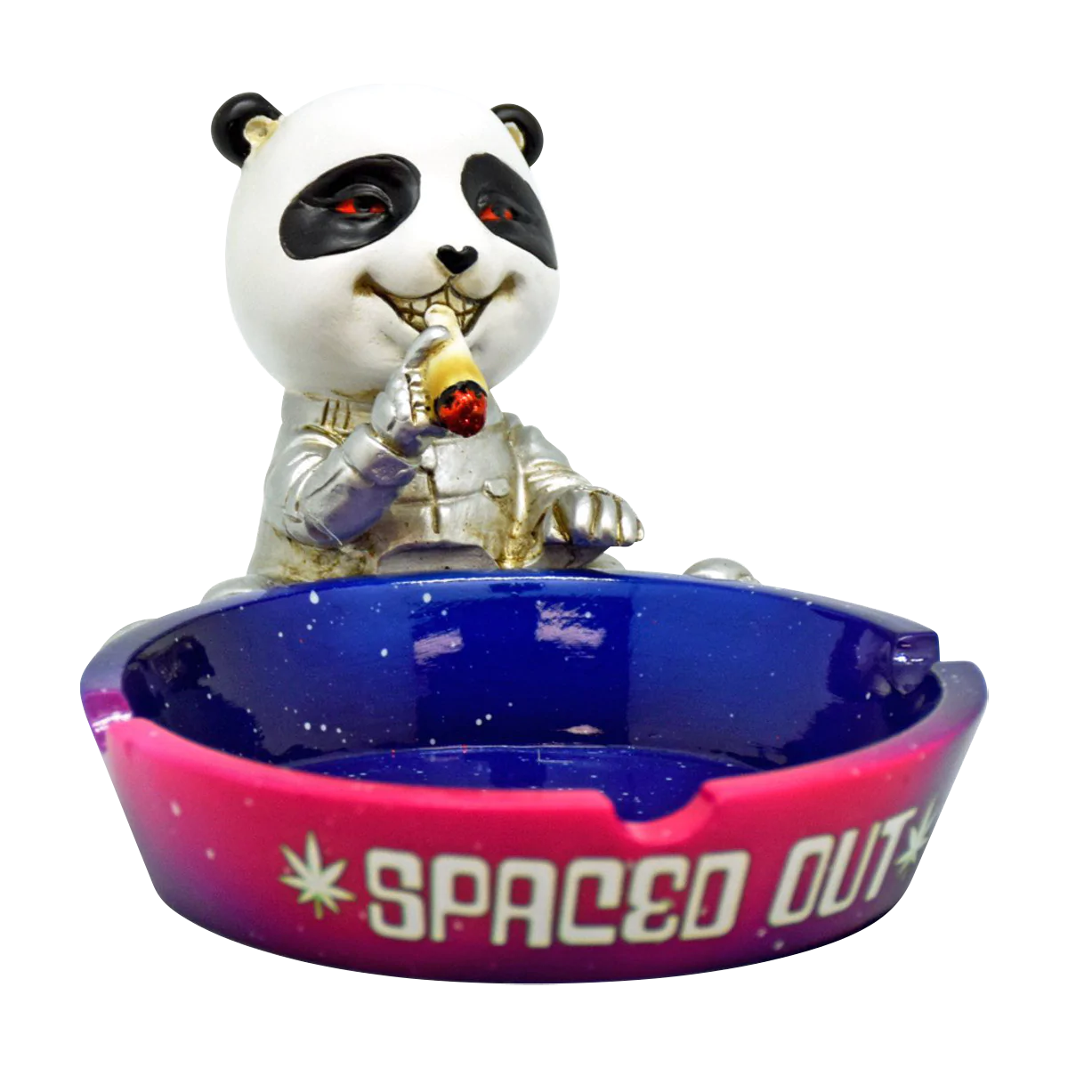 Polyresin Spaced Out Panda Ashtray, medium size, front view on white background