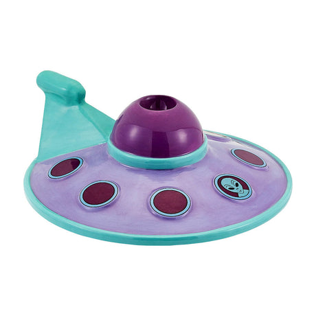 Spaceship Ceramic Pipe in purple and teal, top view on a seamless white background