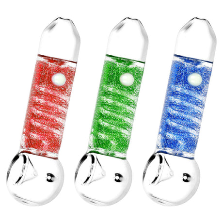 Assorted Sparkle Coil Glycerin Hand Pipes in red, green, and blue for cool hits