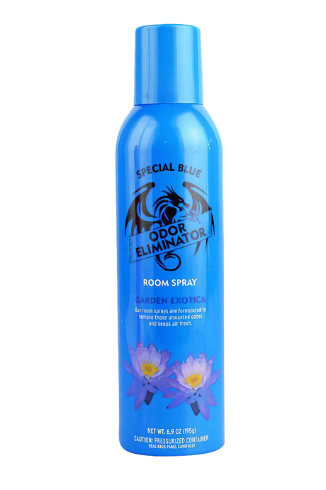 Special Blue 6.9oz Garden Exotica Room Spray, blue bottle with floral design, front view