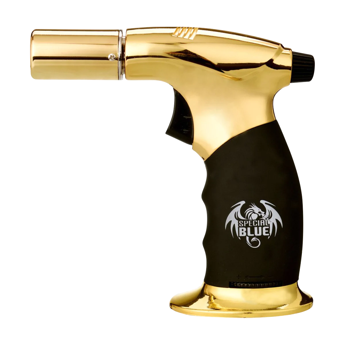 Special Blue "Diablo" Butane Torch in Black and Gold, Portable 6" Height, Side View