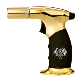 Special Blue "Diablo" Butane Torch in Black and Gold, Portable 6" Height, Side View