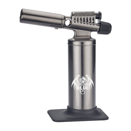 Special Blue Heavy Metal Butane Torch in Silver, Compact and Portable Design, Front View