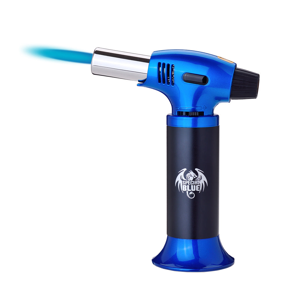 Special Blue Inferno Butane Torch in Blue, Portable 6.25" Size with Flame, Side View