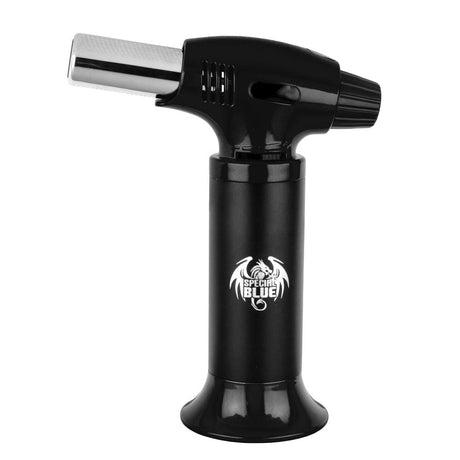 Special Blue Inferno Butane Torch, 6.25" tall, in sleek black and silver, portable for dab rigs