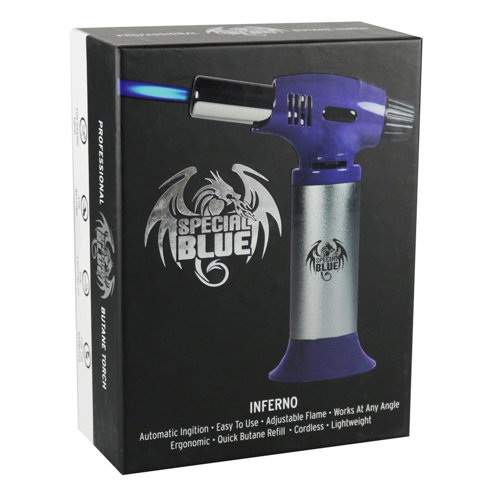 Special Blue Inferno Butane Torch in Blue and Silver, Portable with Ergonomic Design, Front View on Box