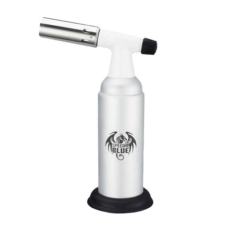 Special Blue Monster Pro Torch Lighter in Silver, portable design with black base, front view on white background