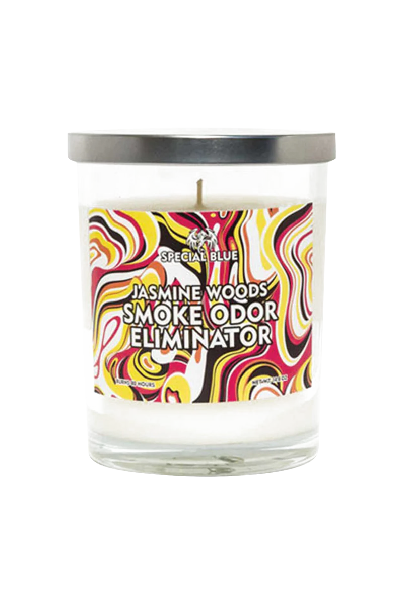 Special Blue Jasmine Woods Odor Eliminator Candle, 14.8 oz, with Psychedelic Design