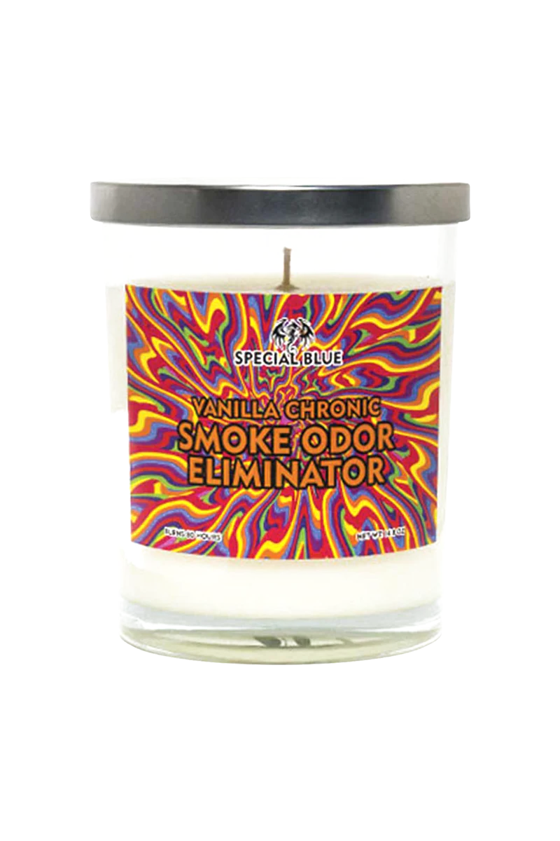 Special Blue Vanilla Chronic Smoke Odor Eliminator Candle, 14.8 oz with psychedelic design