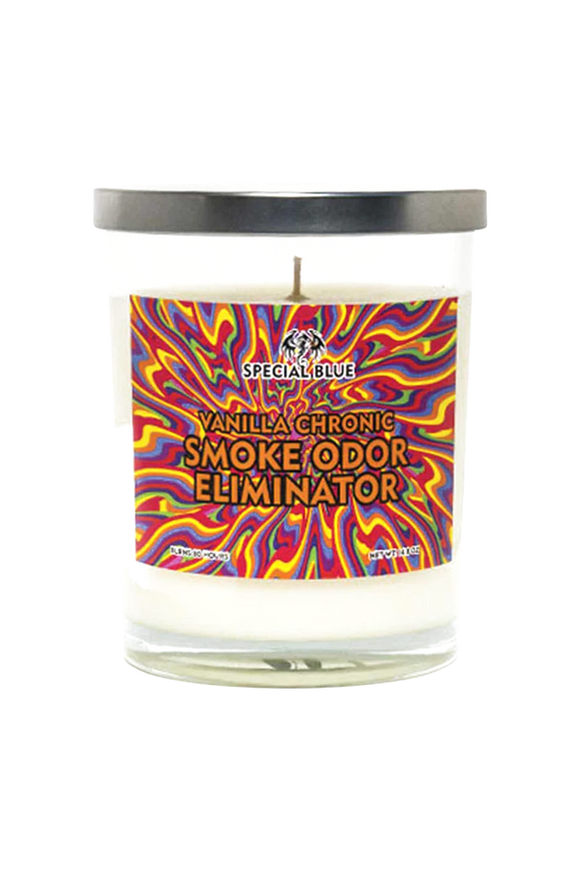 Special Blue Vanilla Chronic Smoke Odor Eliminator Candle, 14.8 oz with psychedelic design