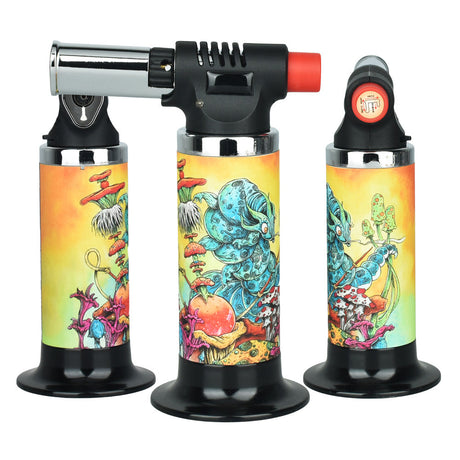 Special Blue Sean Dietrich Fury Torch Lighters, vibrant multicolor designs, compact size, front and angled views